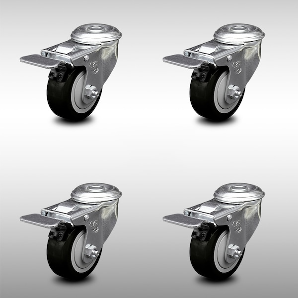 3 Inch SS Black Polyurethane Swivel Bolt Hole Caster Set with Total Lock Brake